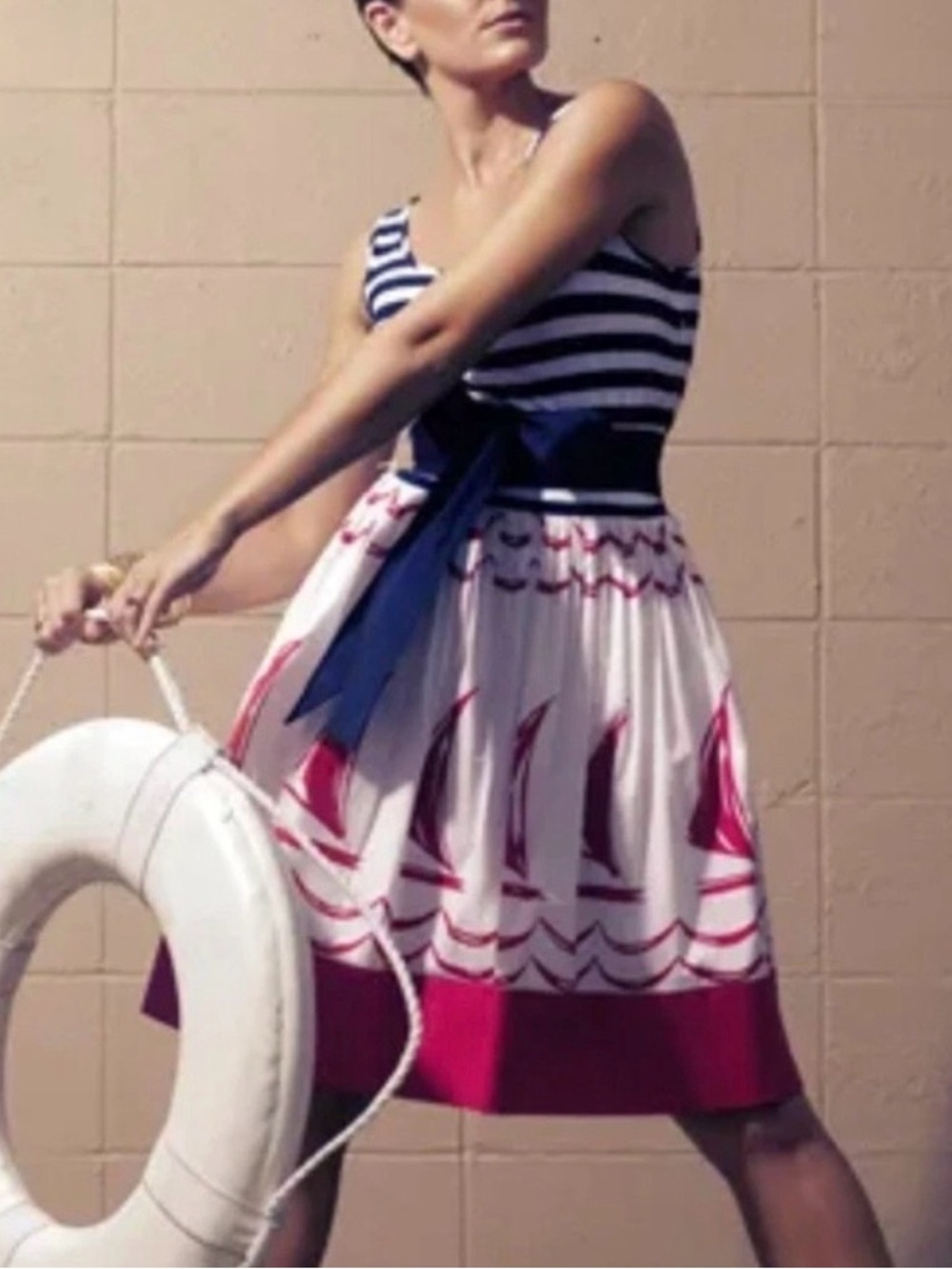 DNKY Donna Karan New York Nautical Stripe Navy Red Sailboat Dress Size 14 New